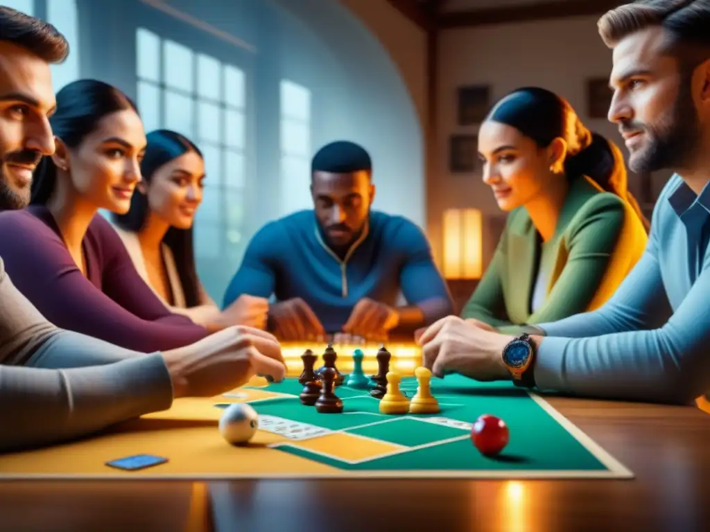 Grupo diverso concentrado en juego de mesa, reflejando beneficios de mindfulness y bienestar mental