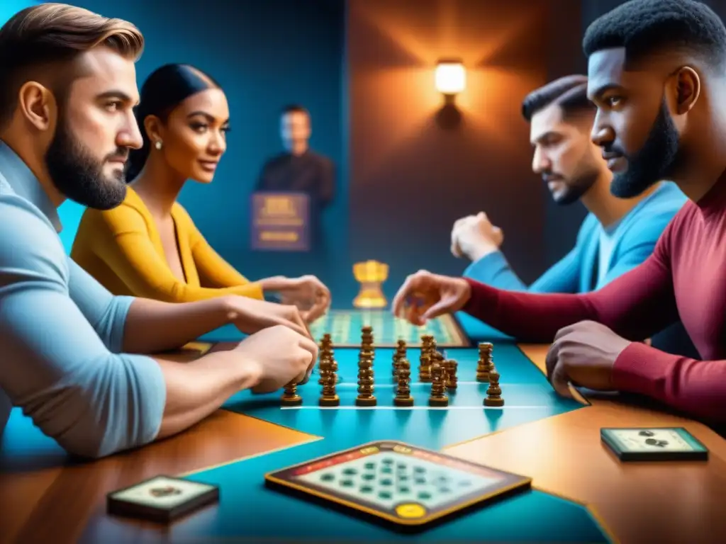 Grupo diverso concentrado en juego de mesa estratégico, fusionando blockchain