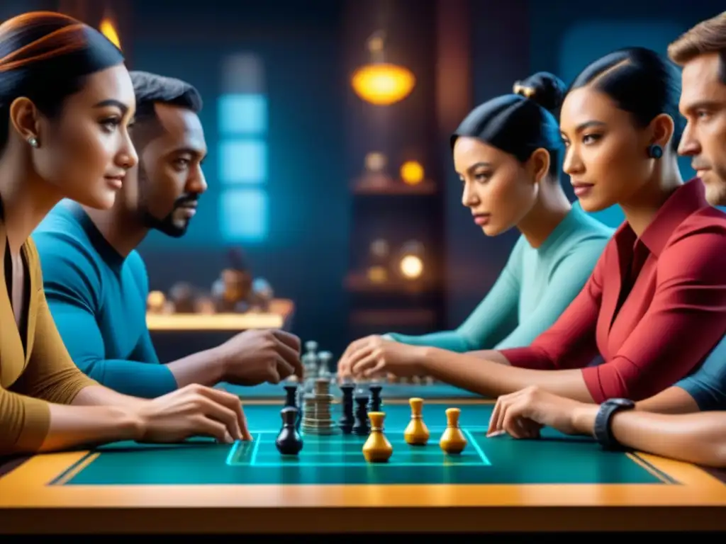 Grupo diverso concentrado en juego de mesa futurista con inteligencia artificial