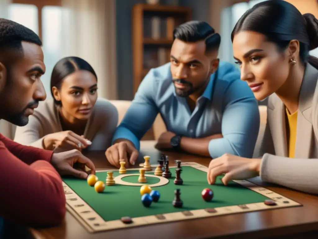 Grupo diverso concentrado jugando juegos de mesa en sala acogedora