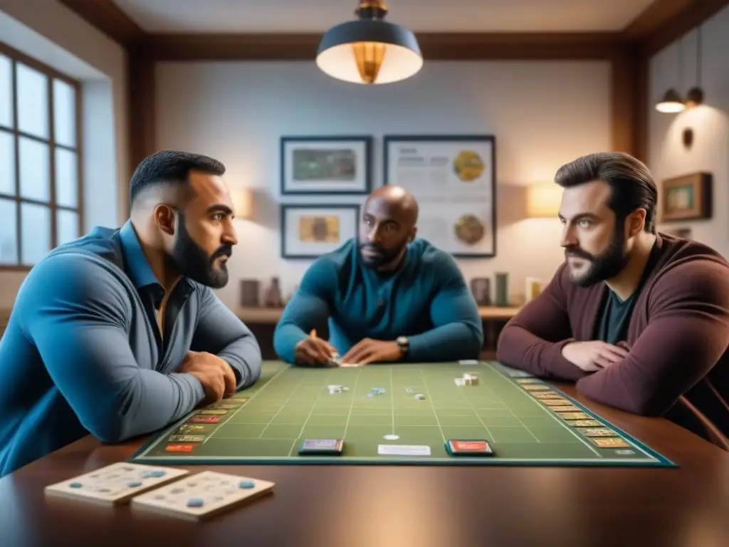 Un grupo diverso de diseñadores de juegos de mesa entusiasmados discuten apasionadamente el desarrollo del juego de mesa Jumanji, rodeados de bocetos y notas