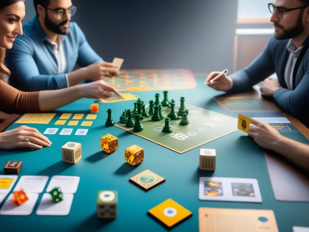 Grupo diverso de diseñadores de juegos de mesa en sesión creativa