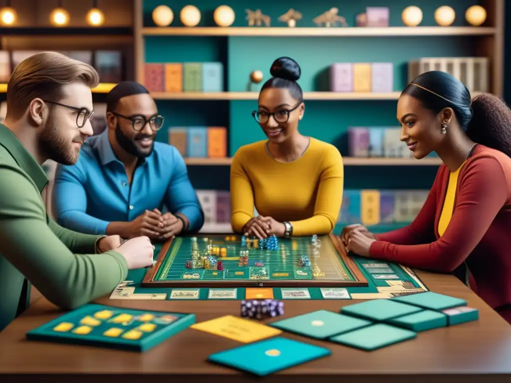 Un grupo diverso de diseñadores de juegos de mesa colaborando creativamente en un ambiente acogedor y luminoso, rodeados de juegos y piezas coloridas