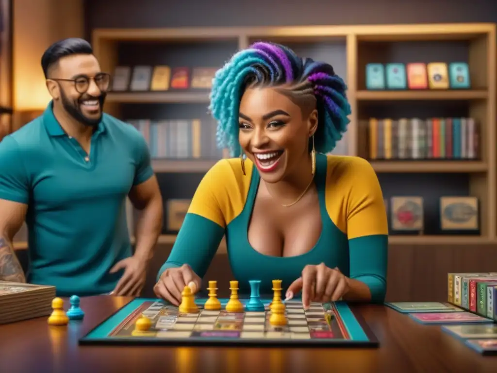 Un grupo diverso de diseñadores de juegos de mesa incorpora humor en juegos, riendo alrededor de prototipos en una atmósfera creativa y colorida