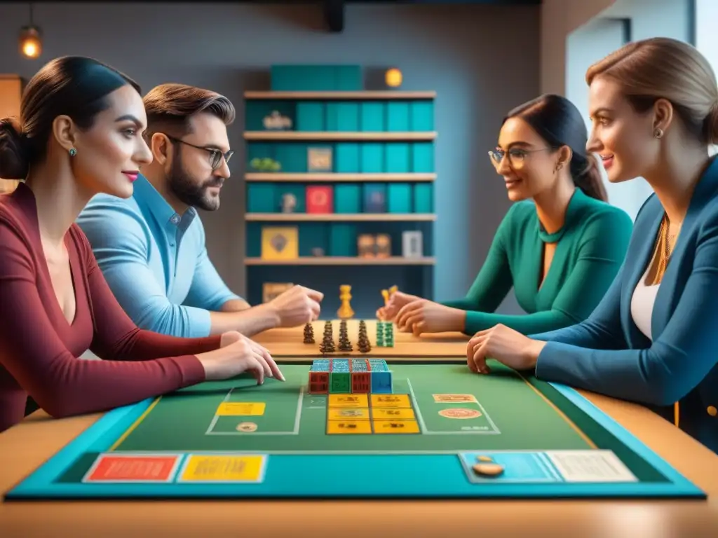 Un grupo diverso de diseñadores de juegos de mesa colaborando en un espacio creativo, rodeados de prototipos y juegos