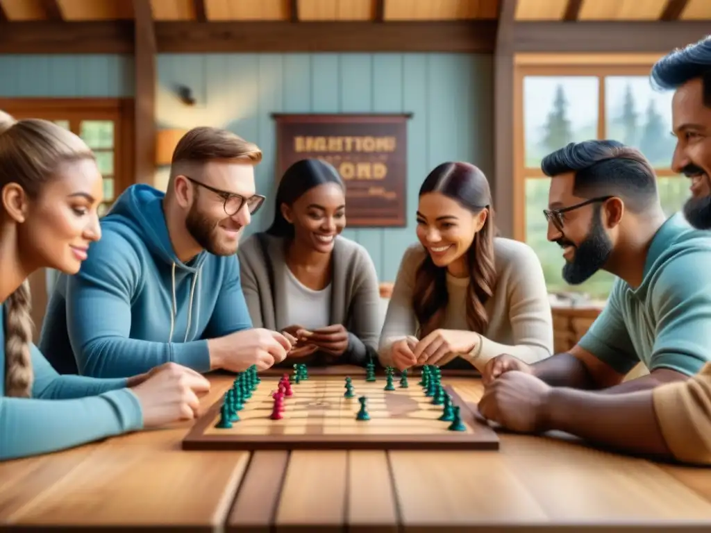 Un grupo diverso de todas las edades juega con entusiasmo en un campamento de juegos de mesa