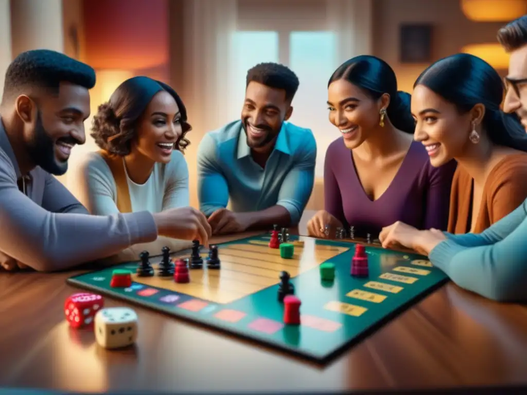 Diversión en comunidad: Jugando juntos con tecnología AI Grupo diverso disfruta con emoción un juego de mesa con inteligencia artificial