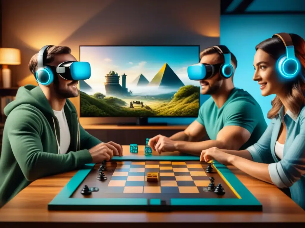 Un grupo diverso disfruta con emoción un juego de mesa con realidad virtual en una acogedora sala llena de juegos tradicionales