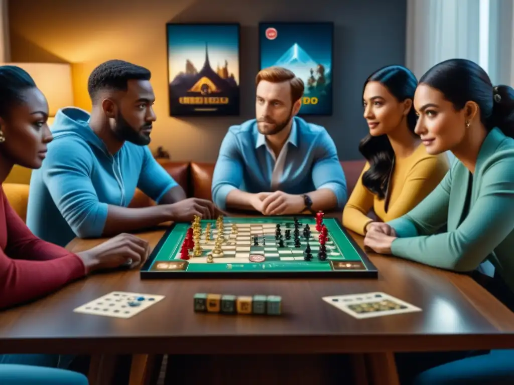 Un grupo diverso juega emocionado un juego de mesa con IA en una habitación acogedora llena de juegos