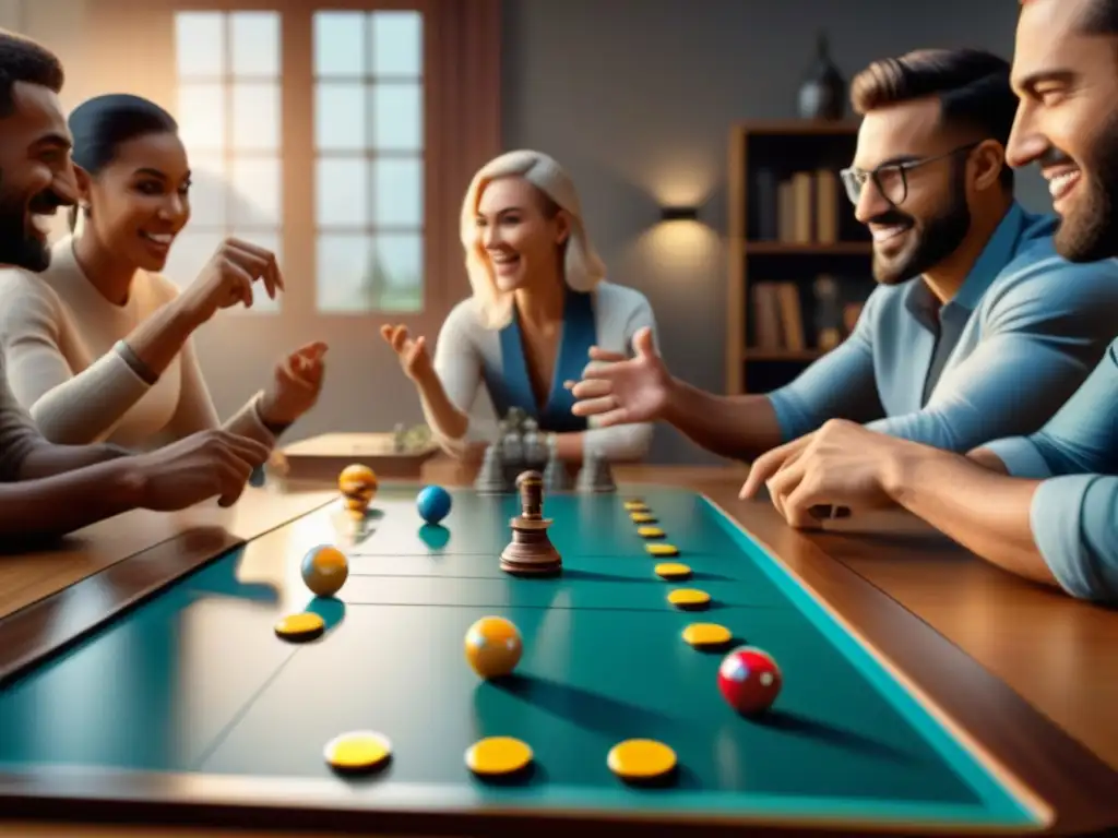 Grupo diverso juega emocionado en mesa de juego con realidad aumentada