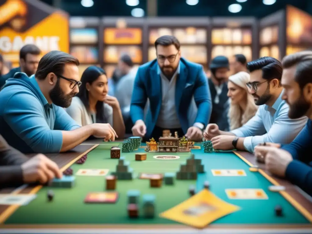 Grupo diverso disfruta de emocionante y educativa sesión de juegos de mesa en bulliciosa feria