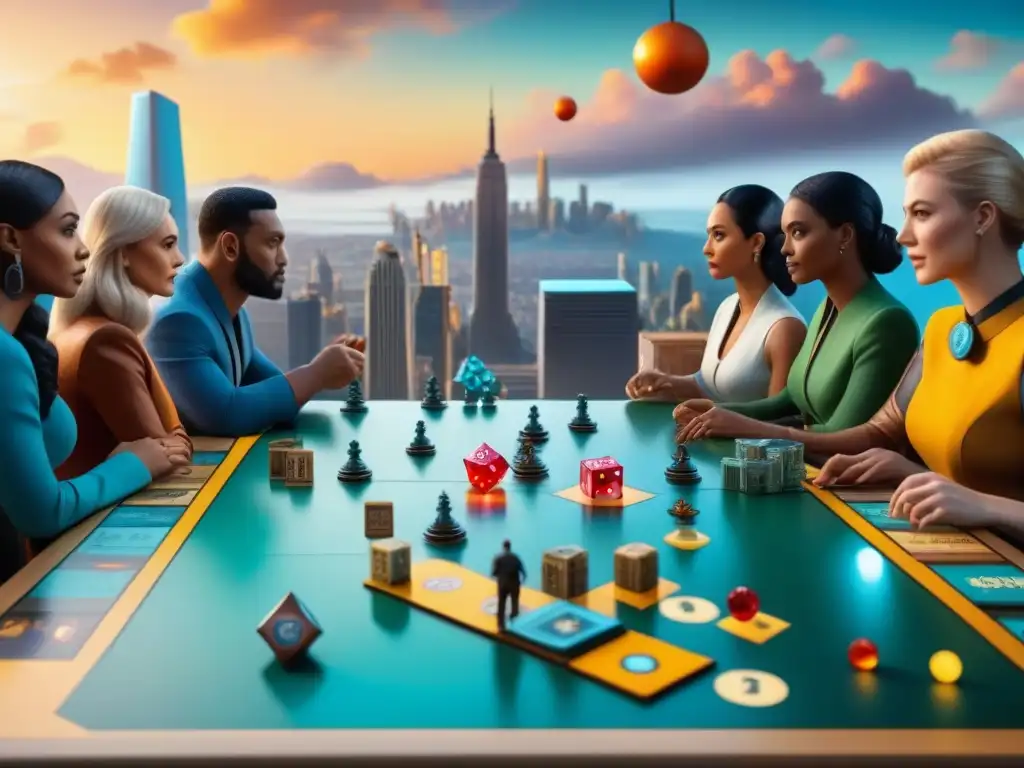 Grupo diverso juega emocionante juego de mesa futurista en ciudad vibrante