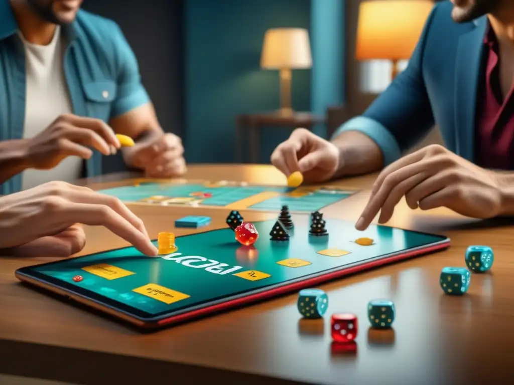 Grupo diverso juega emocionante juego de mesa con app