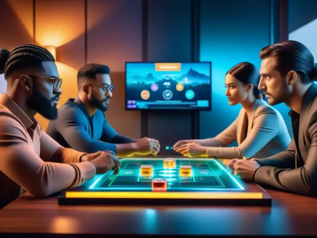 Un grupo diverso juega un emocionante juego de mesa en Blockchain en un mundo virtual futurista