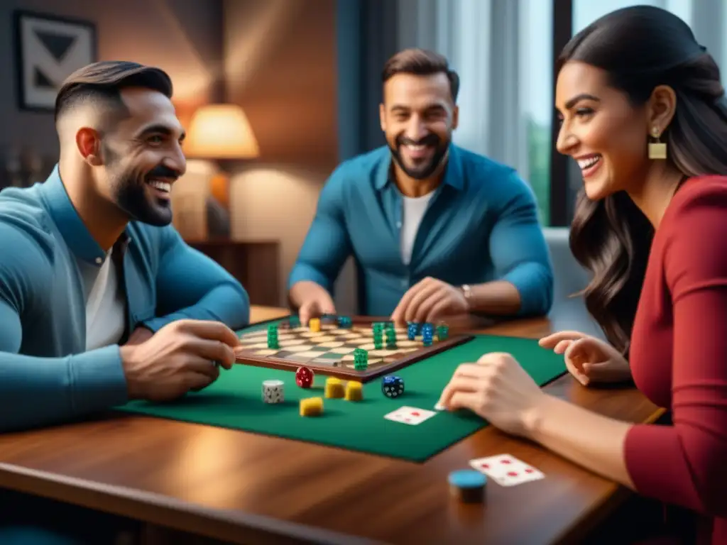 Grupo diverso disfruta emocionante juego de mesa en noche de diversión