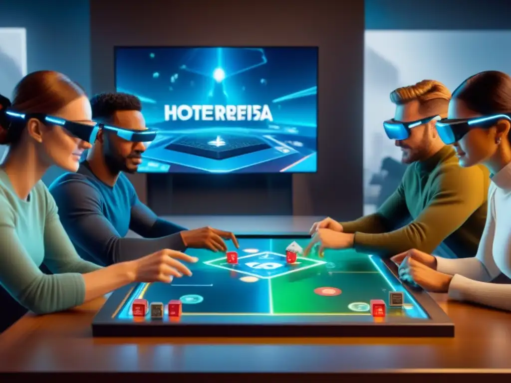 Grupo diverso juega emocionante juego de mesa con realidad aumentada, sumergidos en la experiencia futurista