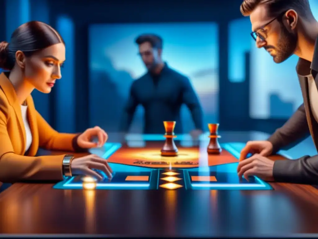 Grupo diverso juega emocionante juego de mesa en realidad aumentada con proyecciones holográficas