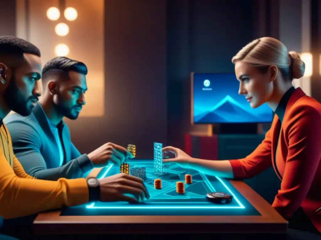 Grupo diverso juega emocionante juego de mesa futurista con tecnologías en moderno salón