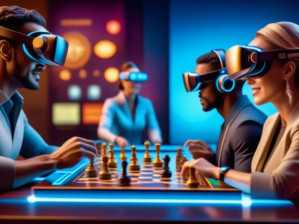 Grupo diverso disfruta emocionante juego de mesa futurista en realidad virtual