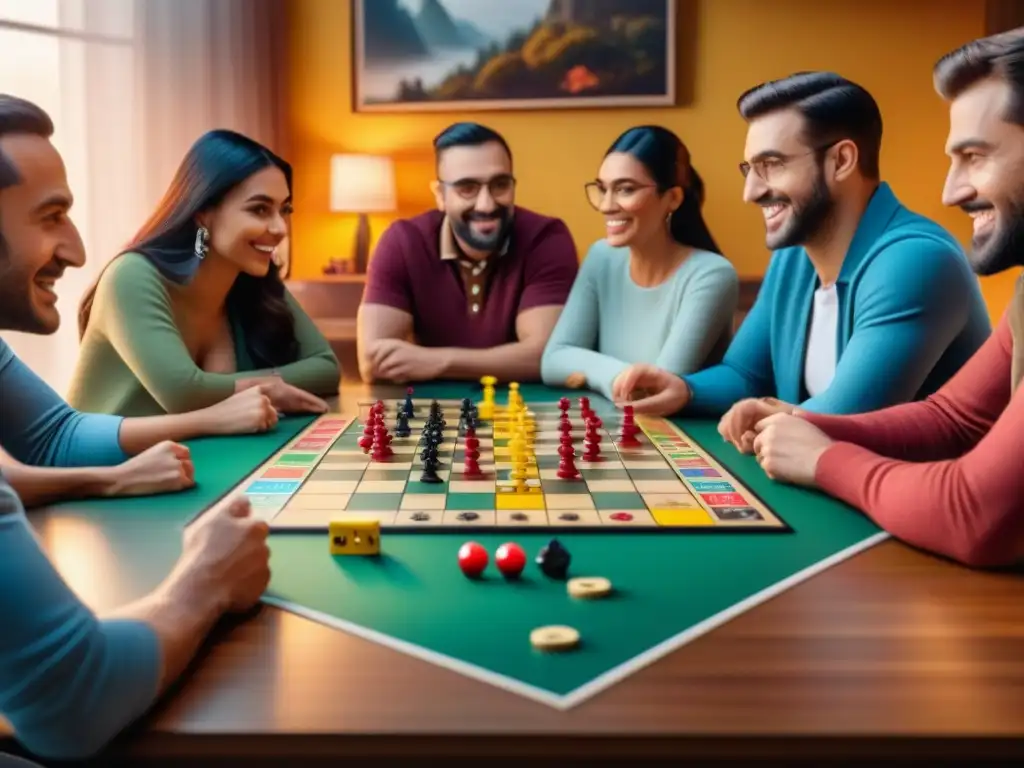 Grupo diverso disfruta de emocionante tarde de juegos de mesa, rodeados de piezas coloridas