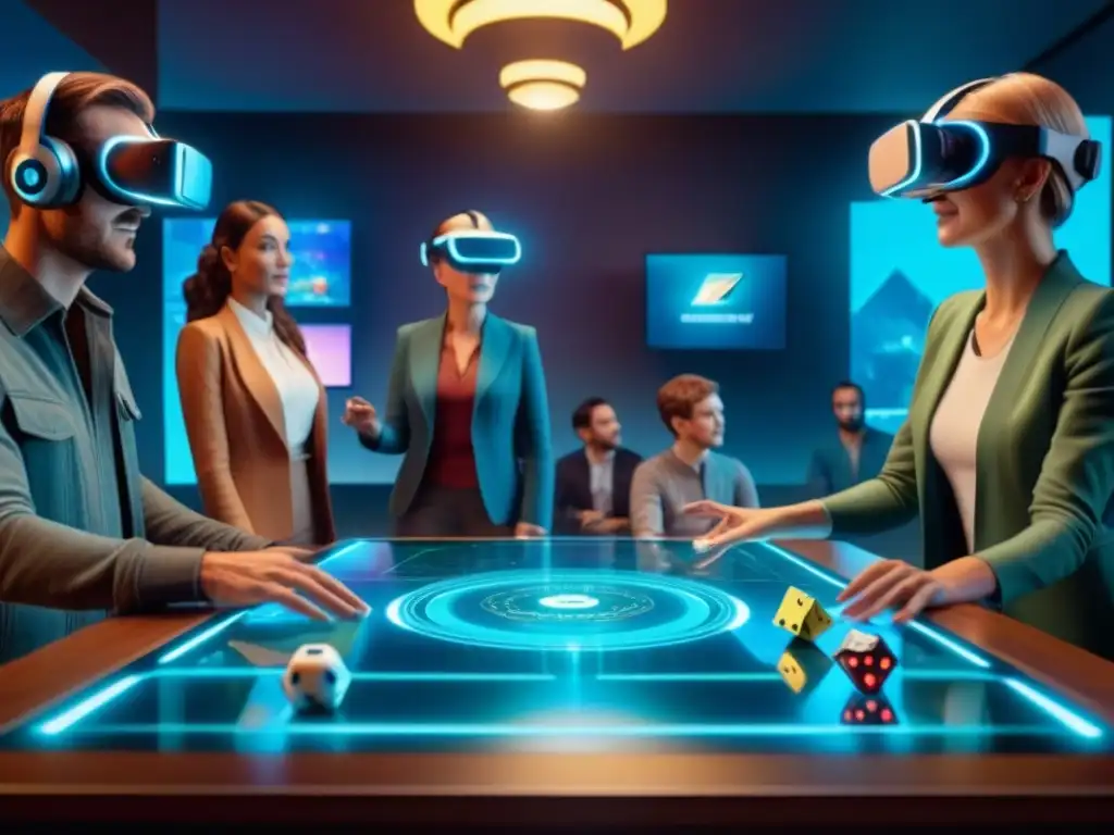 Grupo diverso disfruta entusiasmado de un juego de mesa de Realidad Virtual futurista, revolucionando los juegos de mesa