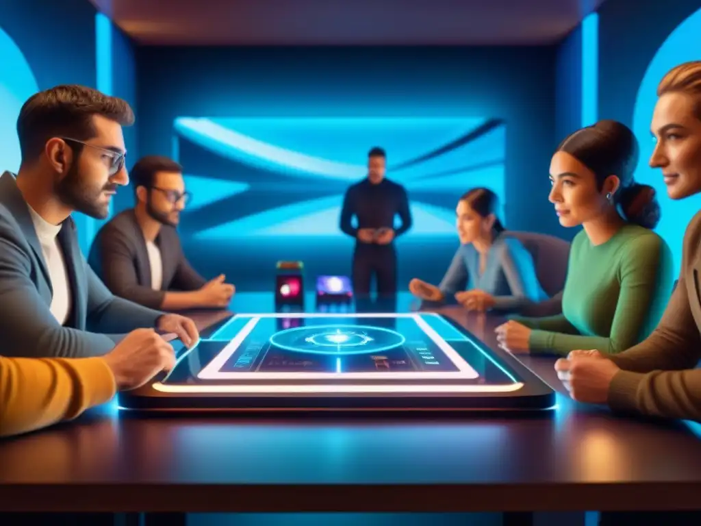 Un grupo diverso juega entusiasmado en una sala futurista con juegos de mesa en realidad mixta