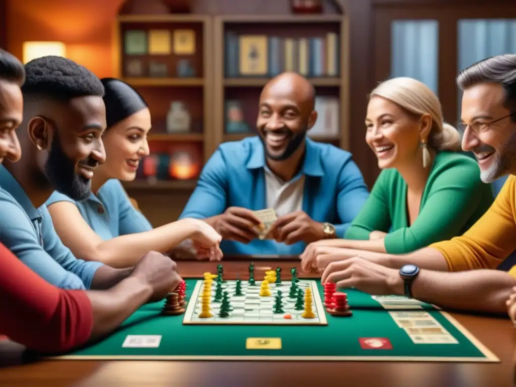 Grupo diverso disfruta con entusiasmo en animado club de juegos de mesa local