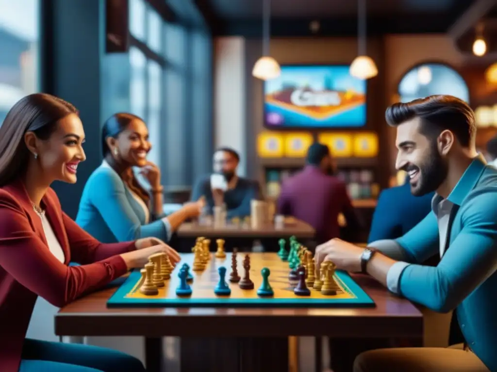 Grupo diverso disfruta con entusiasmo en un café de tendencias de juegos de mesa, mostrando camaradería y emoción