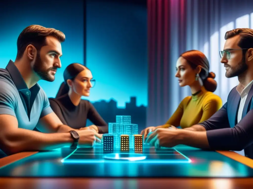 Grupo diverso juega con entusiasmo un juego de mesa estratégico mientras la tecnología blockchain se integra en la experiencia de juego