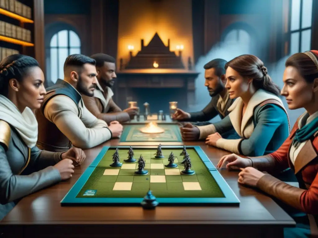 Grupo diverso disfruta con entusiasmo un juego de mesa de Assassin's Creed en ambiente acogedor