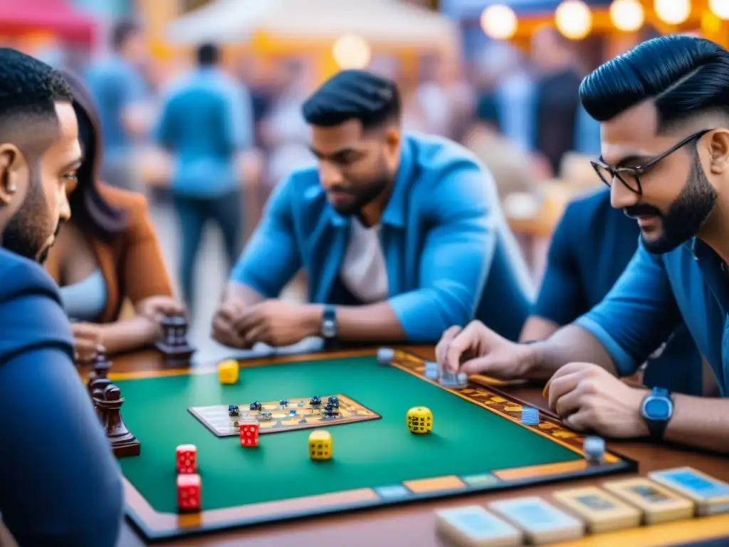 Grupo diverso disfruta con entusiasmo de juegos de mesa en feria llena de color y estrategia, resaltando beneficios ferias juegos mesa