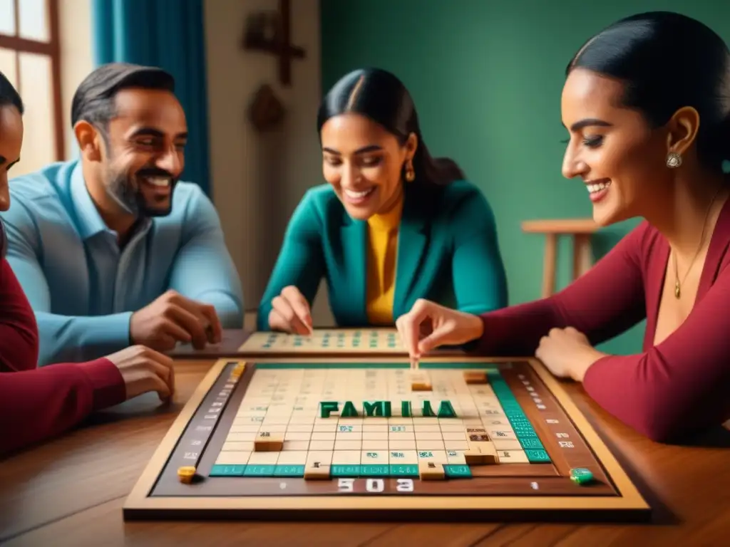 Un grupo diverso y entusiasta juega Scrabble en español, formando palabras como 'familia' y 'aprender'