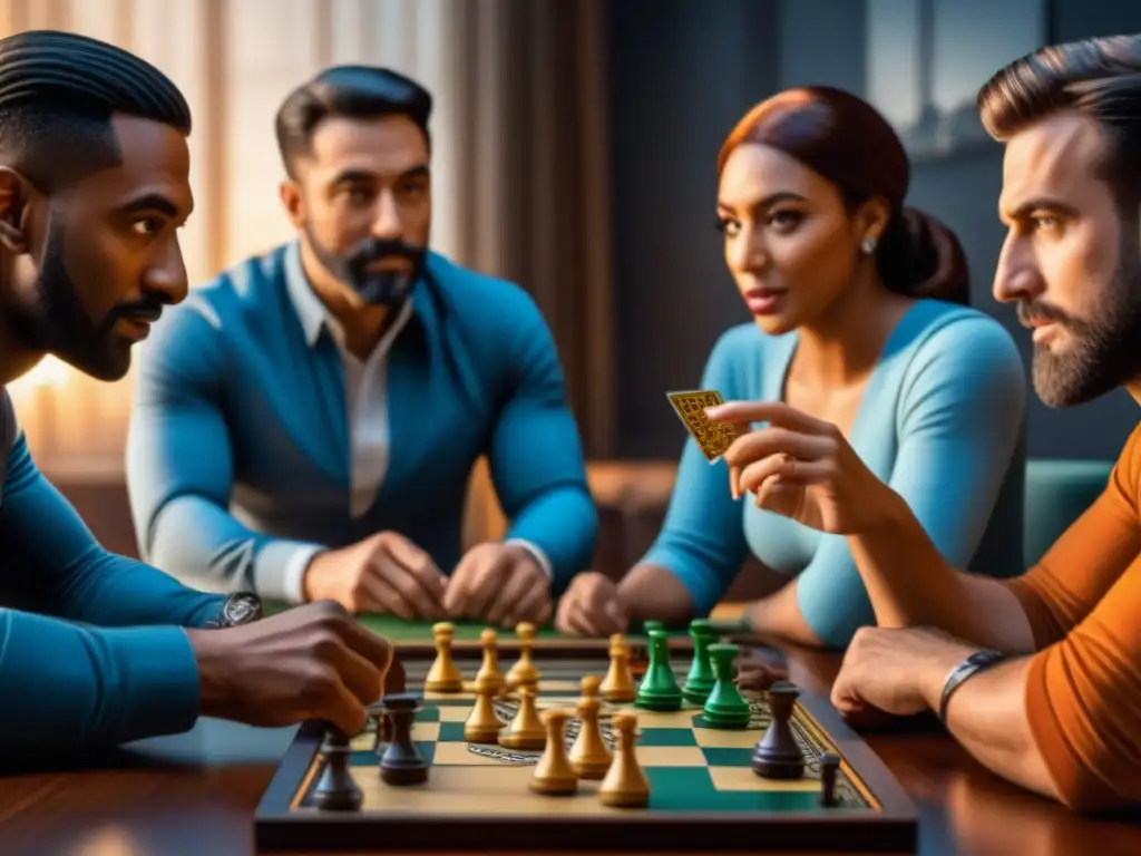 Intensa partida de juegos de mesa: comunidad y estrategia Un grupo diverso de entusiastas de juegos de mesa construyendo comunidad, inmersos en una sesión intensa llena de estrategias y emoción