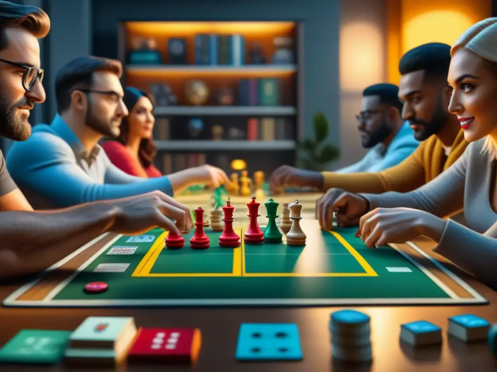 Grupo diverso de entusiastas de juegos de mesa disfrutando con emoción y concentración