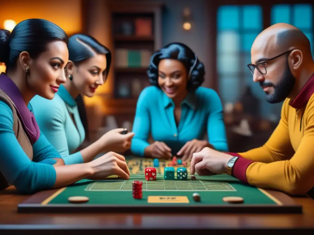 Un grupo diverso de entusiastas de juegos de mesa se divierte estrategiando en una sala acogedora y bien iluminada