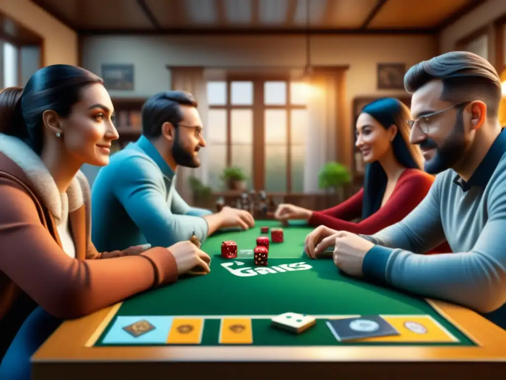 Grupo diverso de entusiastas de juegos de mesa disfrutando con emoción y camaradería