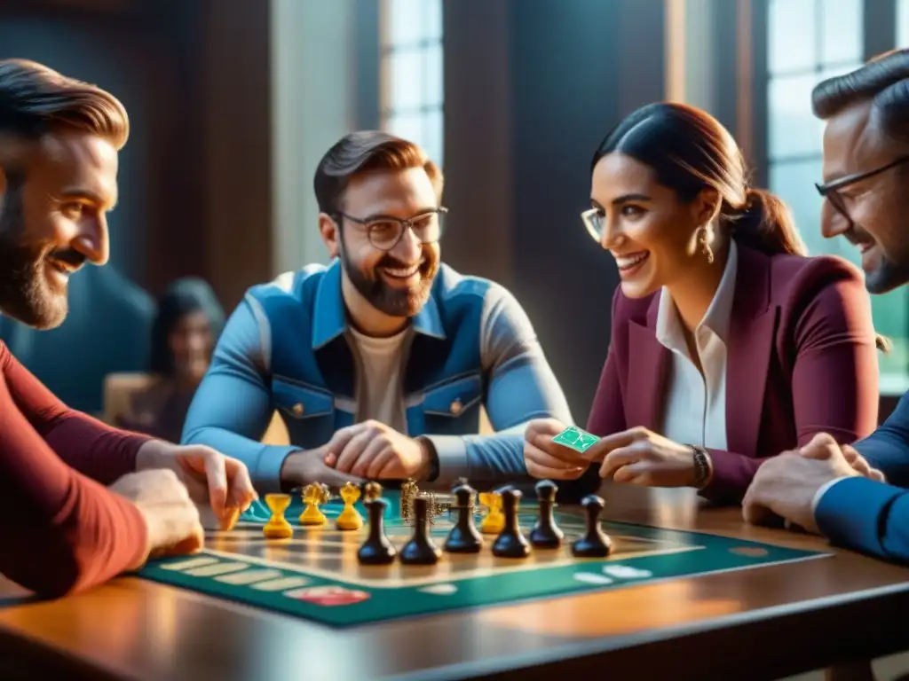 Grupo diverso de entusiastas de juegos de mesa concentrados en evento de lanzamiento, reflejando emoción y diversión