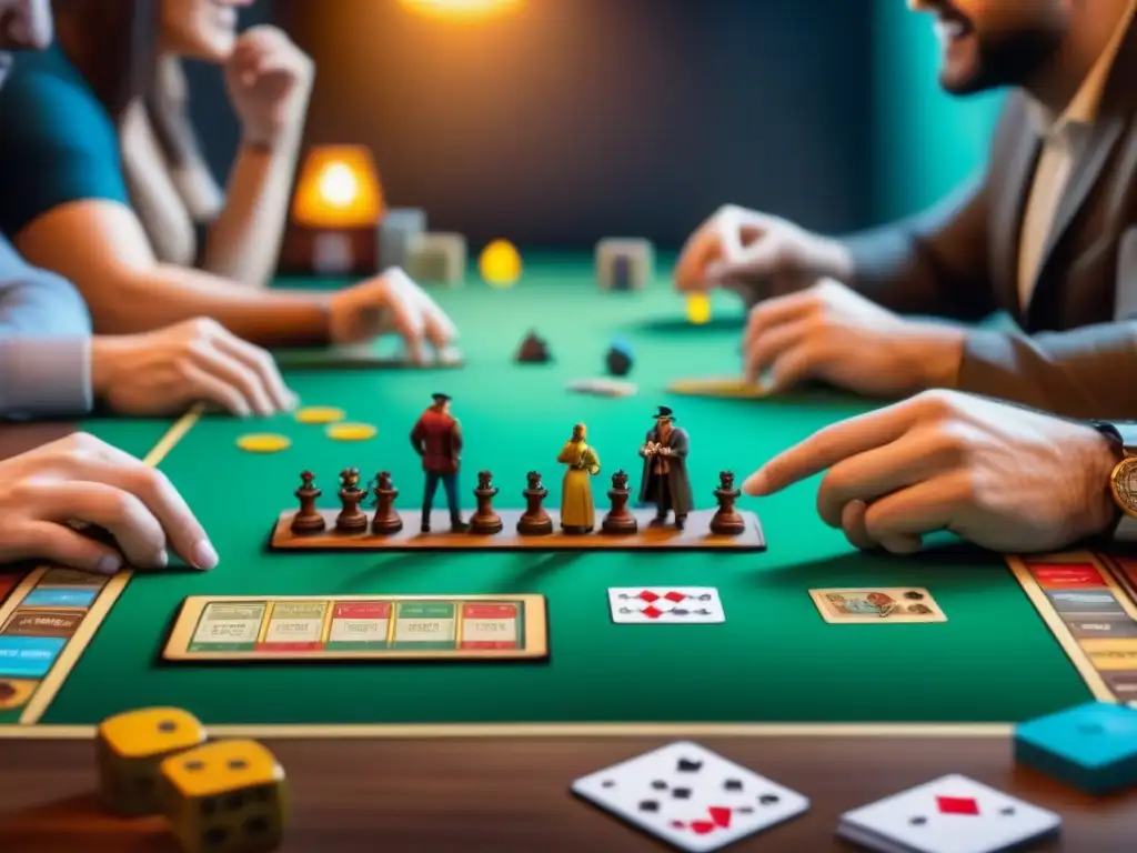 Un grupo diverso de entusiastas de juegos de mesa disfruta de una partida estratégica, mostrando camaradería y diversión