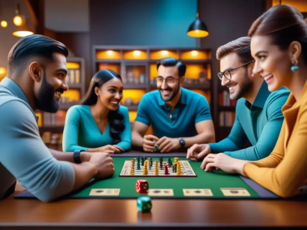 Un grupo diverso de entusiastas de juegos de mesa, jóvenes y mayores, reunidos alrededor de una mesa en una acogedora cafetería de juegos