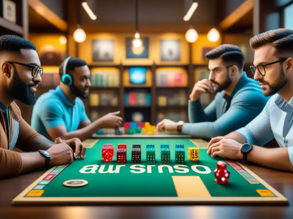 Un grupo diverso de entusiastas de juegos de mesa personalizados concentrandos en una partida emocionante