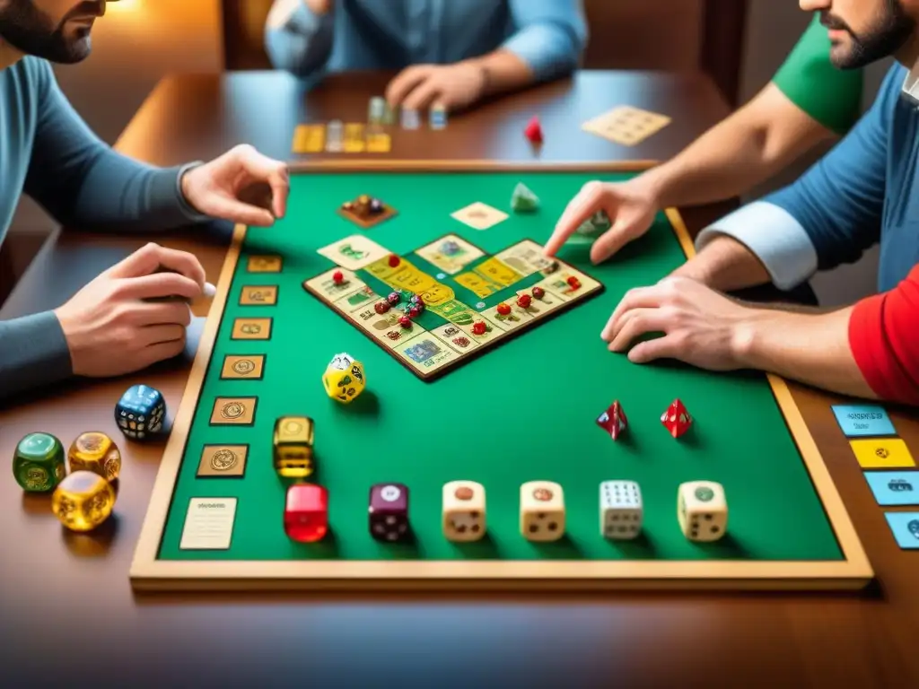 Grupo diverso de entusiastas de juegos de mesa personalizados, inmersos en estrategias y reglas únicas