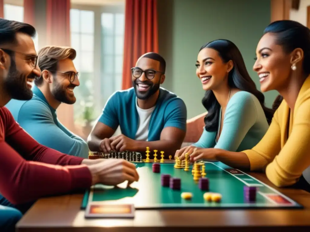 Un grupo diverso de entusiastas de juegos de mesa se reúnen en una sala acogedora, disfrutando de un nuevo y emocionante juego