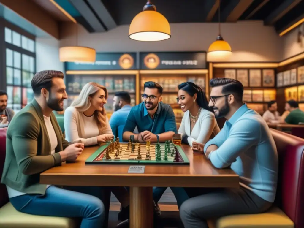 Grupo diverso de entusiastas de juegos de mesa disfrutando animada discusión en café temático de juegos de mesa