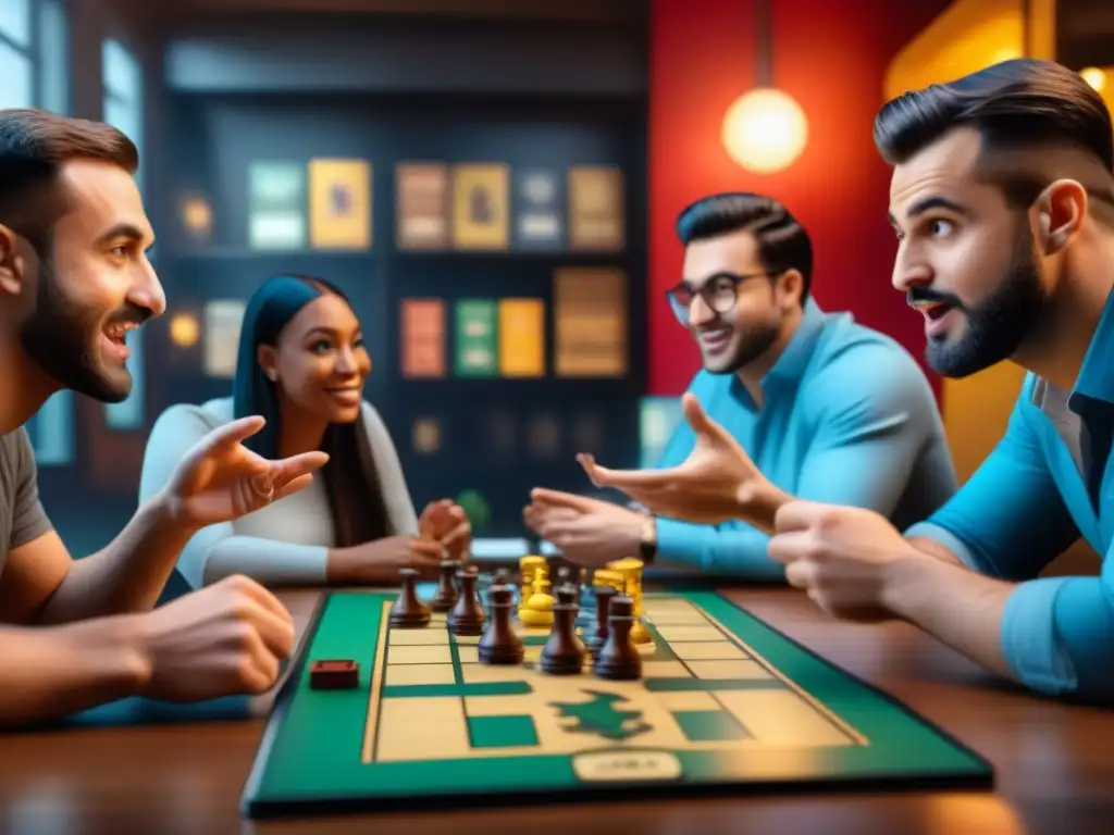 Grupo diverso de entusiastas de juegos de mesa debaten estrategias en café