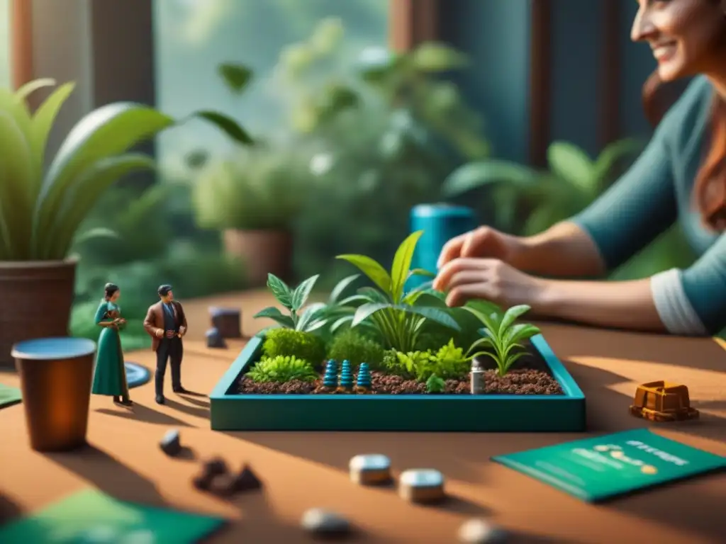 Un grupo diverso de entusiastas de juegos de mesa juegan títulos ecológicos en un ambiente sostenible lleno de plantas