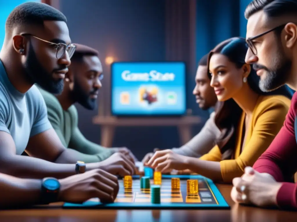 Jugadores disfrutan juego de mesa moderno con tecnología blockchain Un grupo diverso de entusiastas de juegos de mesa disfruta de una experiencia innovadora con tecnología blockchain