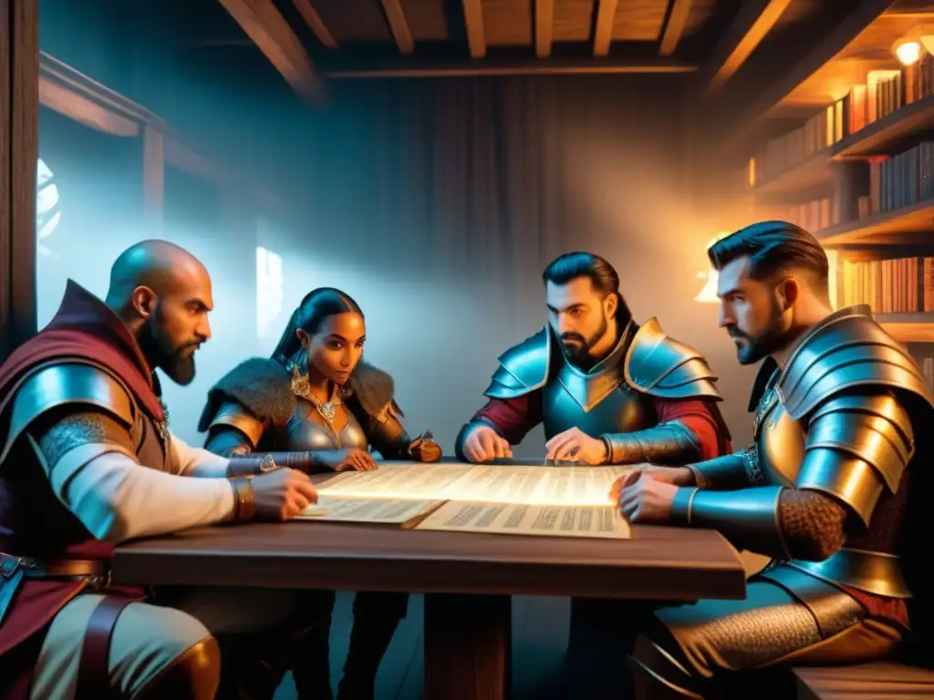 Grupo diverso concentra estrategias Dungeons & Dragons dominar, inmersos en juego táctico