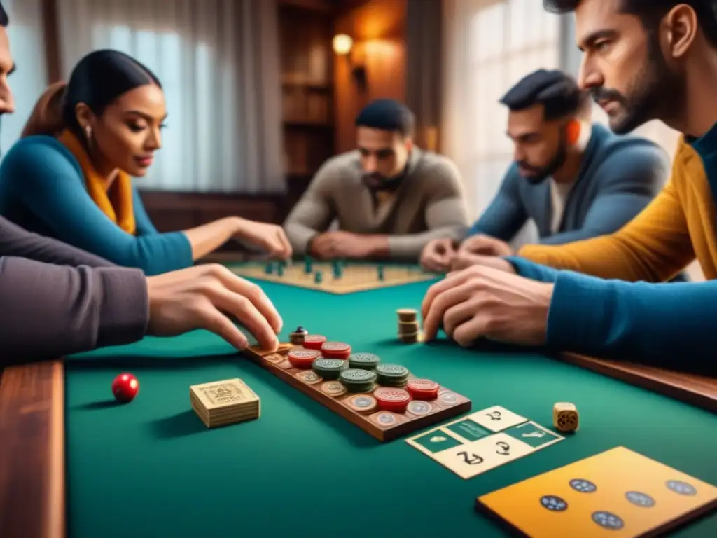 Grupo diverso disfruta intensamente estrategias en juego de mesa, transmitiendo camaradería