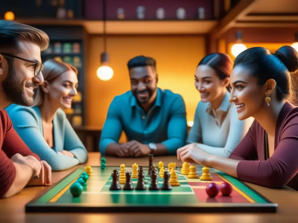 Grupo diverso juega con estrategias en café de juegos de mesa, concentrados y emocionados