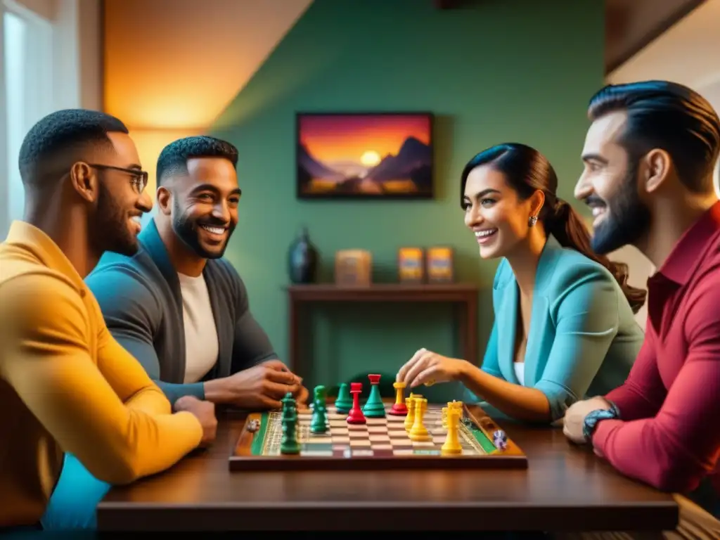 Grupo diverso disfruta estratégico juego de mesa en ambiente acogedor